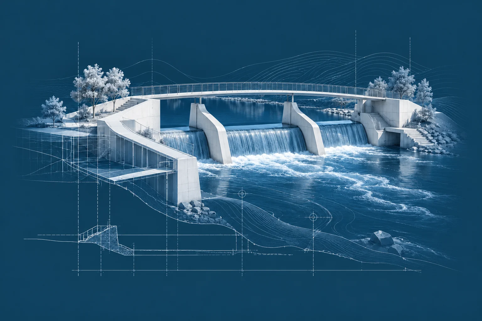 Umelecká ilustrácia vodného diela spájajúca architektonický model, CAD výkres a vrstevnice krajiny.